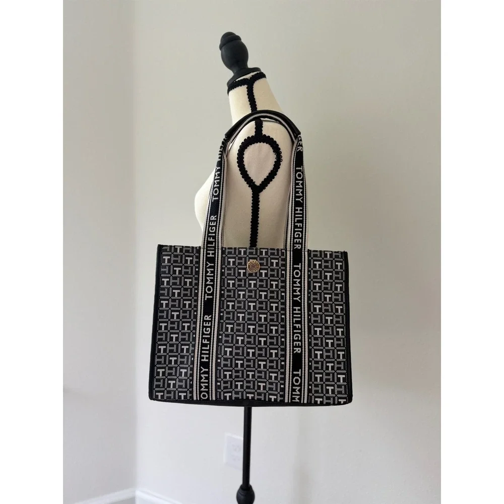 Tommy Hilfiger Monogram Jacquard Tote Bag Navy White Logo Strap Shoulder Bag